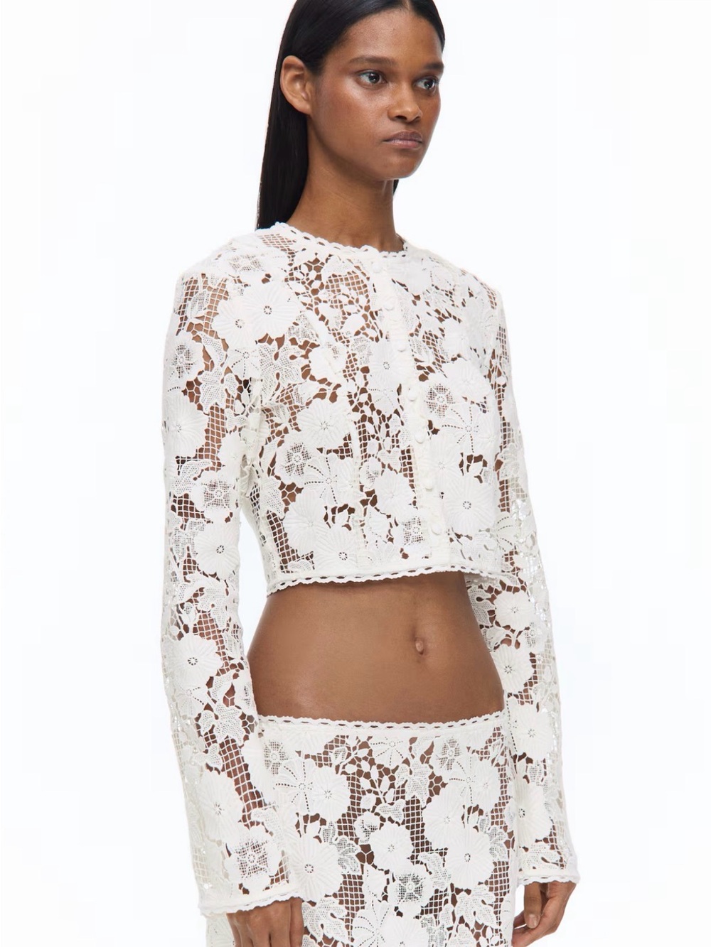 Livia Nunes & H&M collab White Floral Crochet Long Sleeve Crop Top